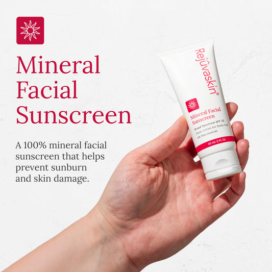 Rejuvaskin Mineral Facial Sunscreen SPF 32 applied to the neck for broad protection.