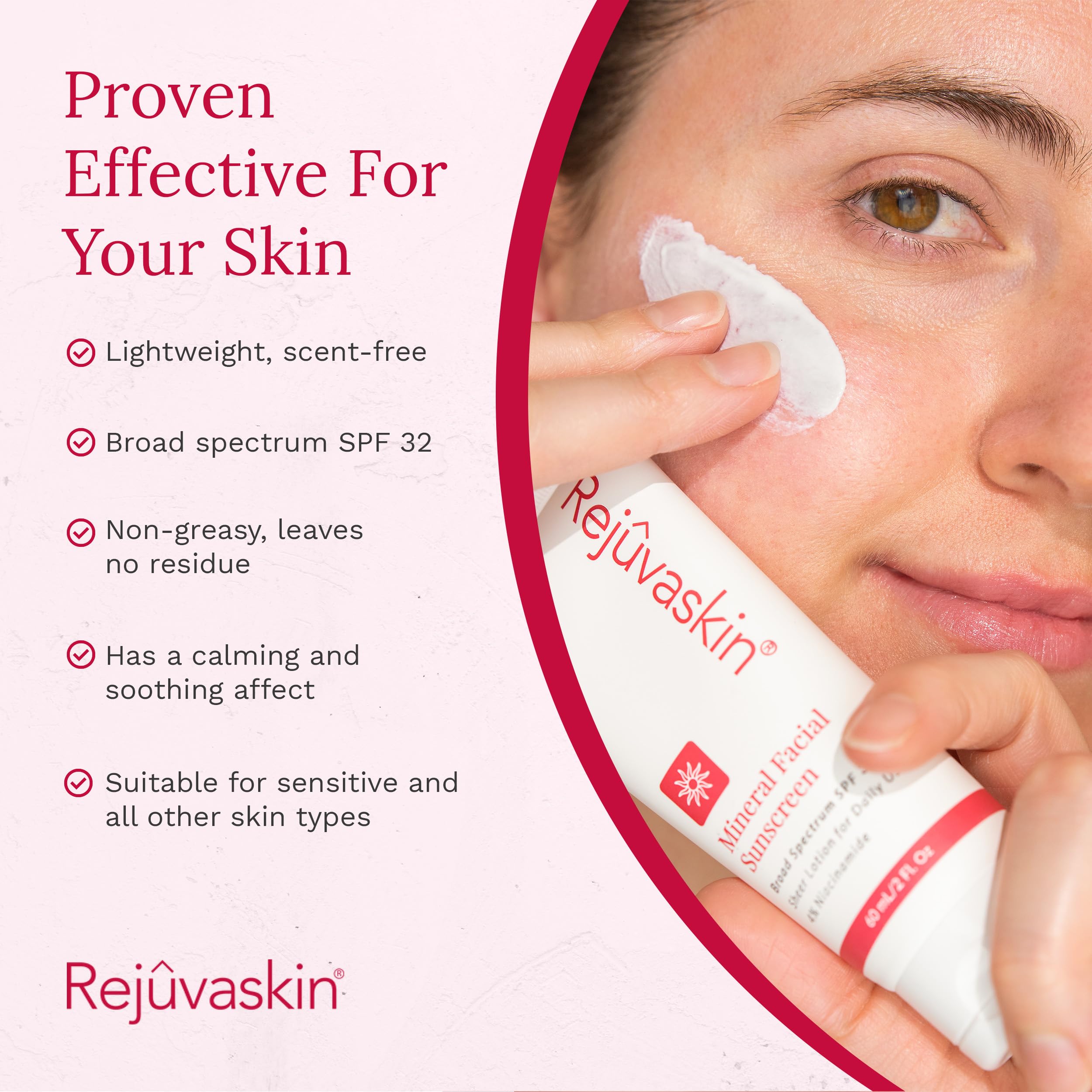 Rejuvaskin Mineral Facial Sunscreen shown under makeup for wear during makeup routines.