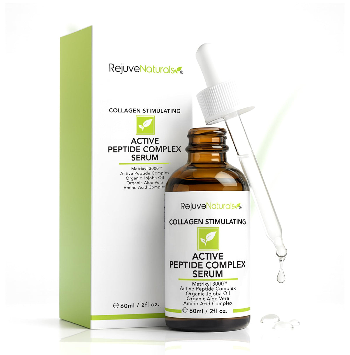 RejuveNaturals peptide complex serum bottle for daily anti-aging skincare.