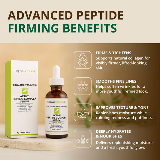 Close-up label of RejuveNaturals serum with Matrixyl 3000 for firmer-looking skin.