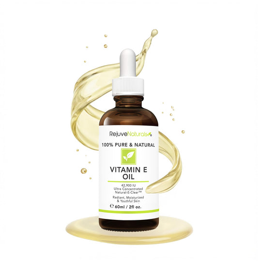 RejuveNaturals Vitamin E Oil bottle close-up, purity and natural origin for nourished skin.