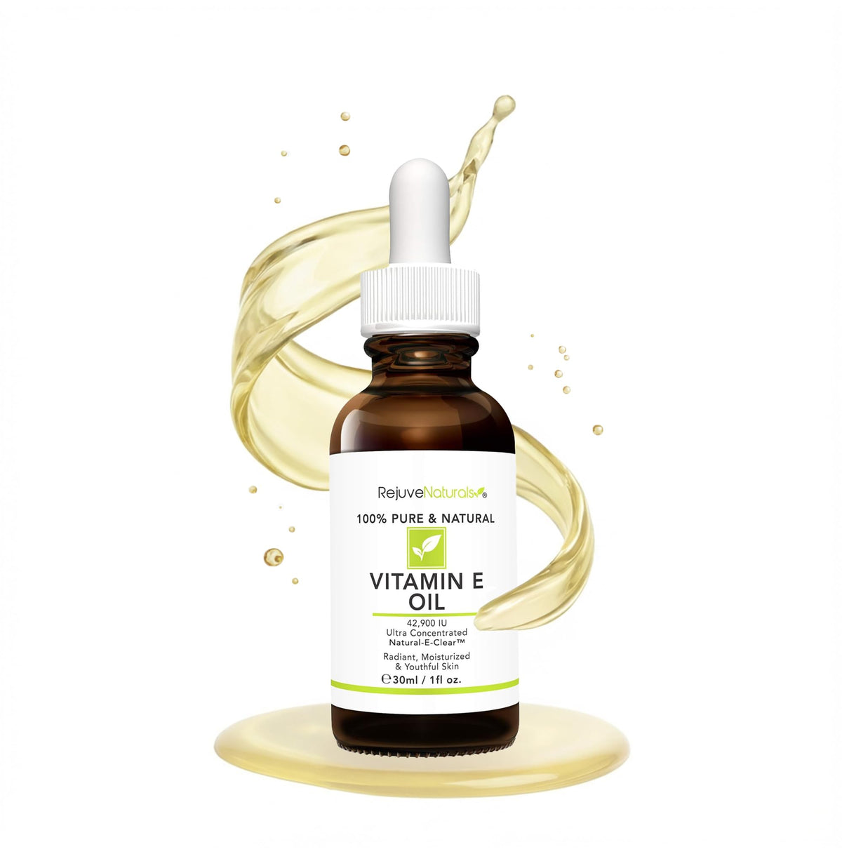 RejuveNaturals Vitamin E Oil bottle close-up for lightweight hydration.