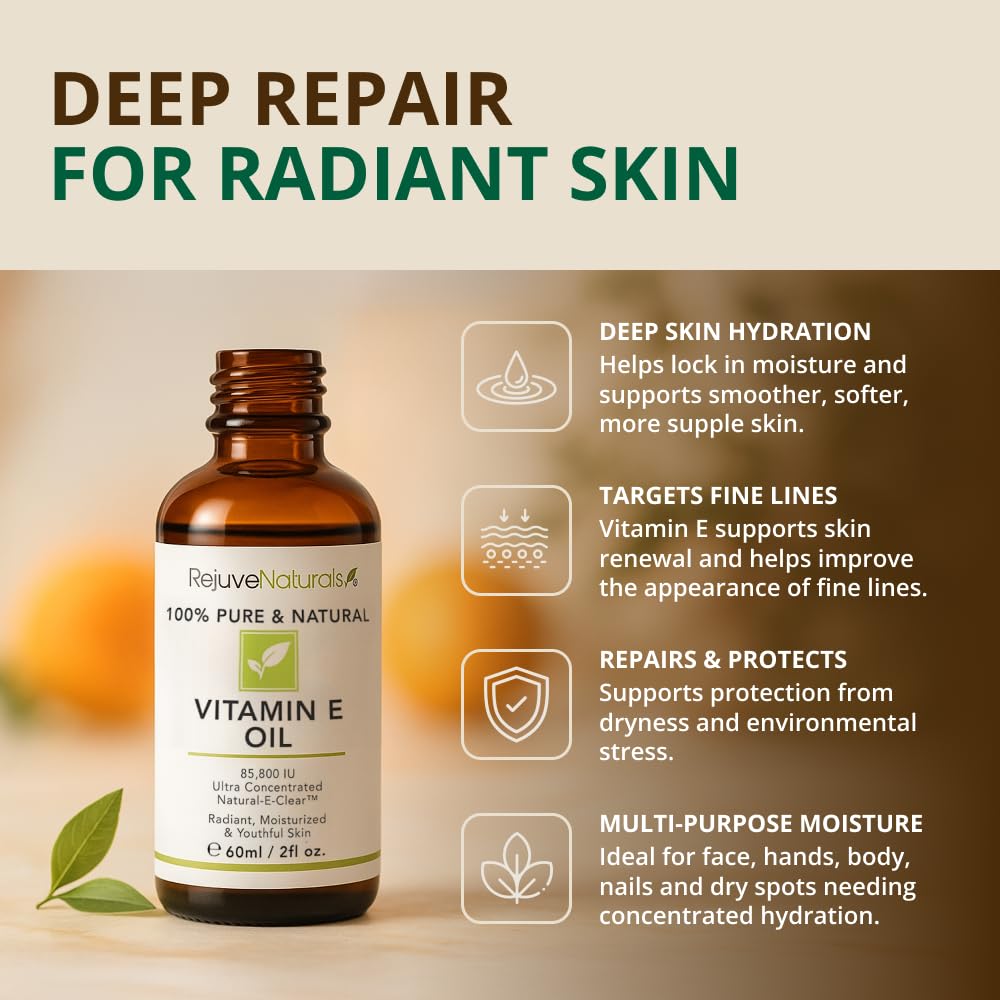 RejuveNaturals Vitamin E Oil dropper pouring for daily moisture.