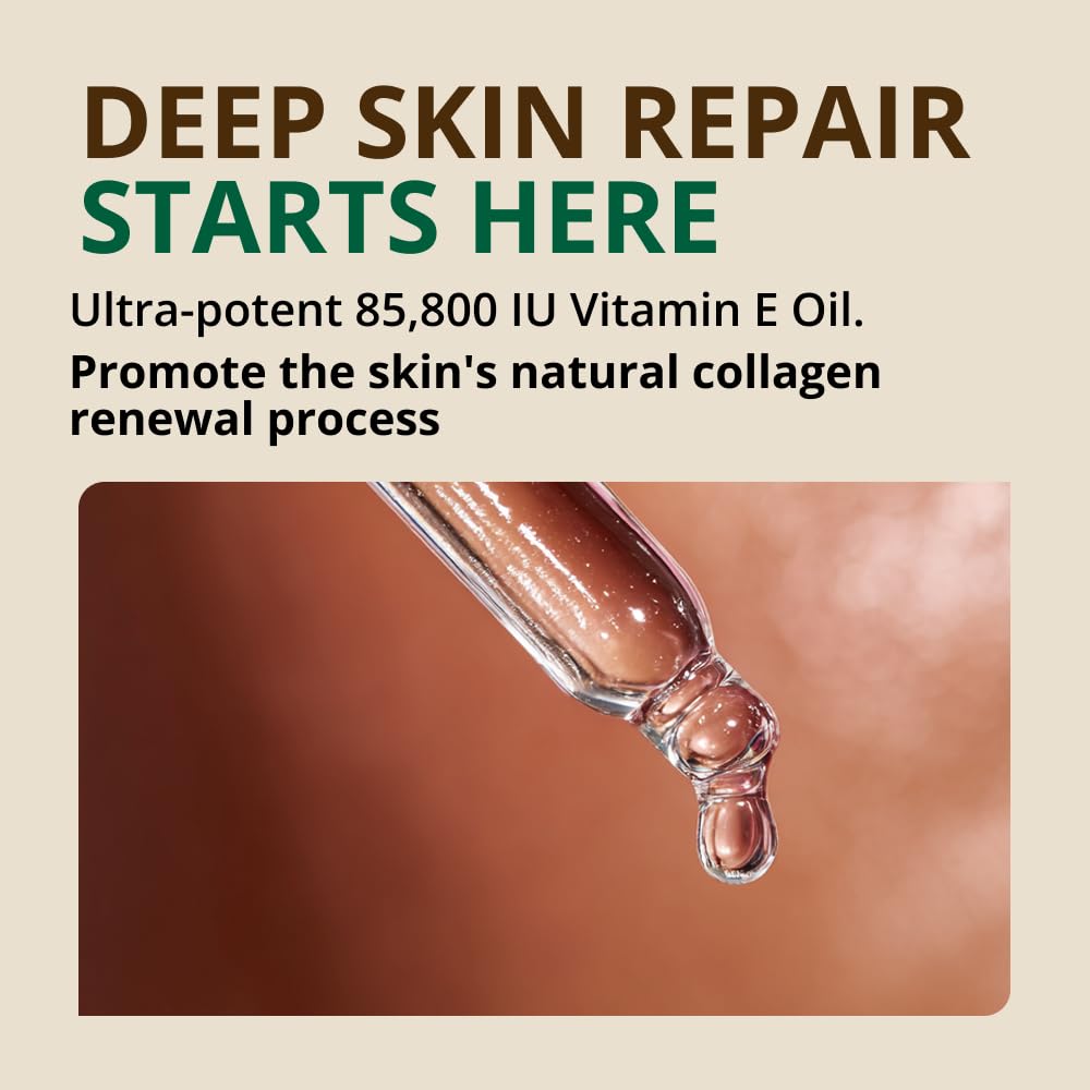 RejuveNaturals Vitamin E Oil texture shown as light, non-greasy finish.