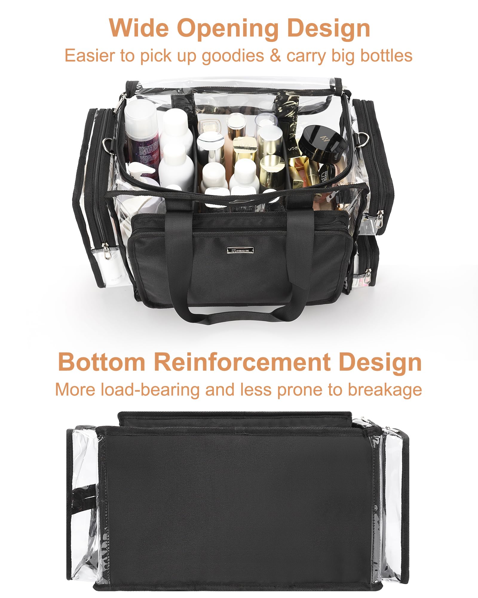 Relavel clear makeup bag showing multiple compartments for organized storage.
