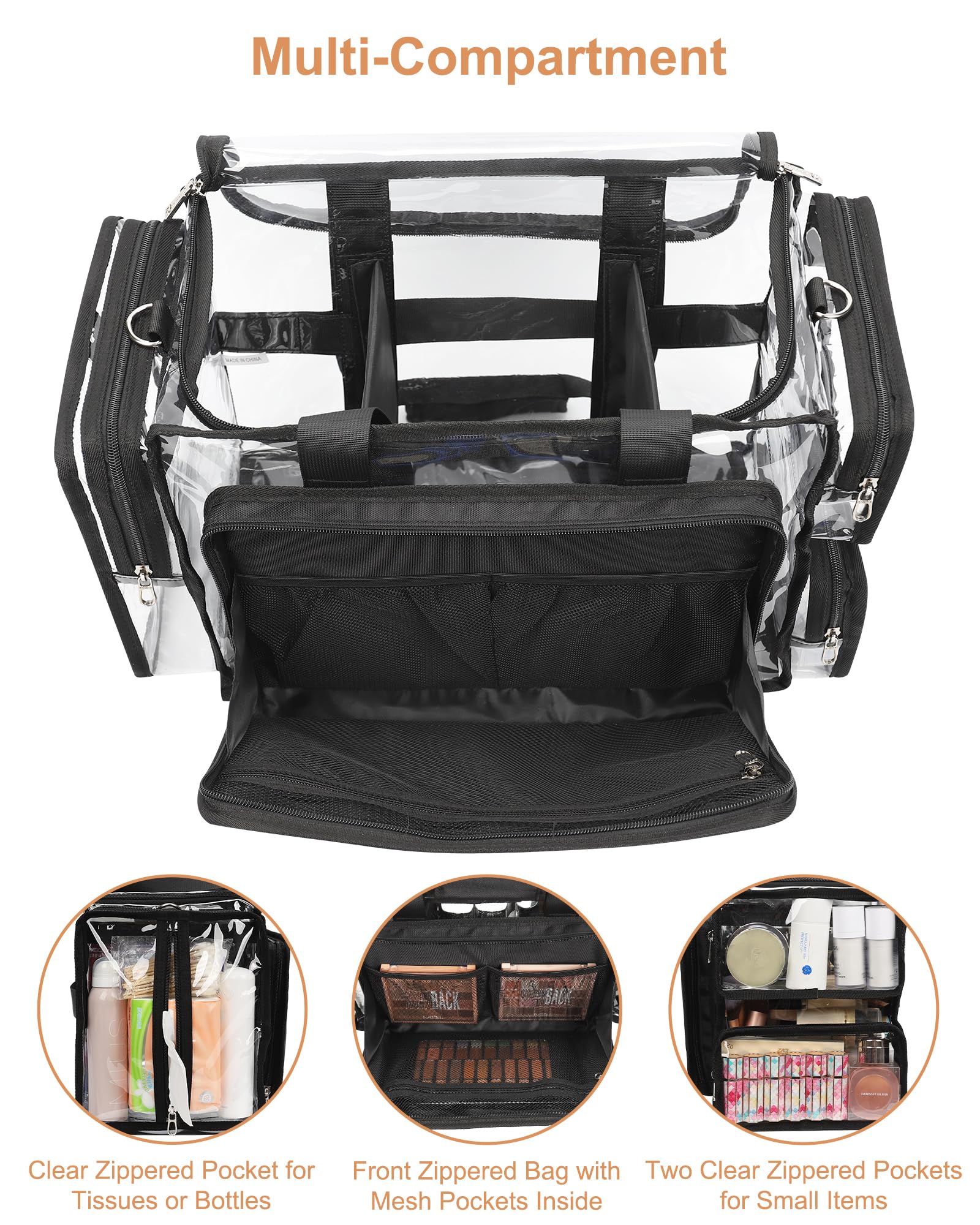 Relavel clear makeup bag with adjustable shoulder strap for easy transport.