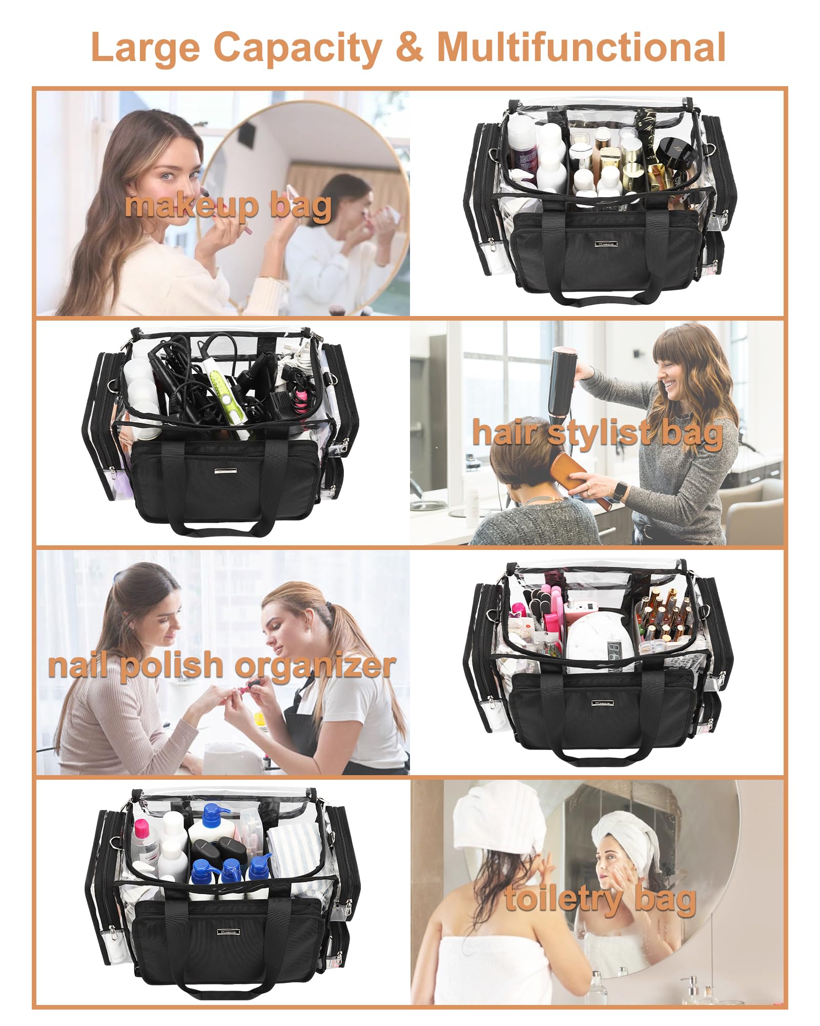 Relavel clear makeup bag featuring side and front pockets for quick-access items.
