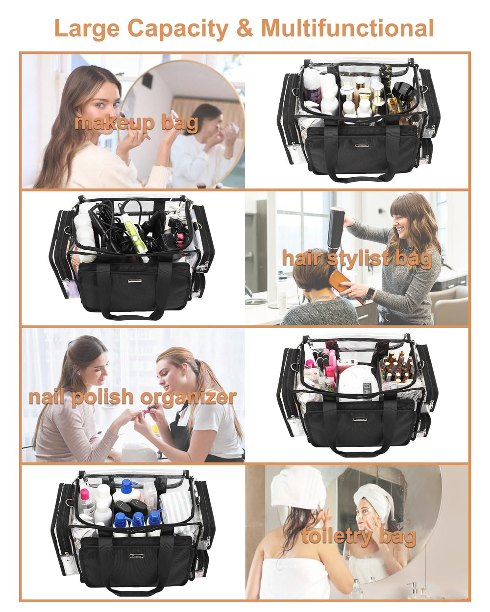 Relavel clear makeup bag featuring side and front pockets for quick-access items.