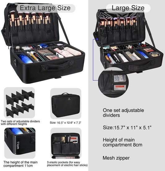 Relavel extra large makeup case interior shows brush slots and mesh pockets for organization.