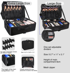 Relavel extra large makeup case interior shows brush slots and mesh pockets for organization.