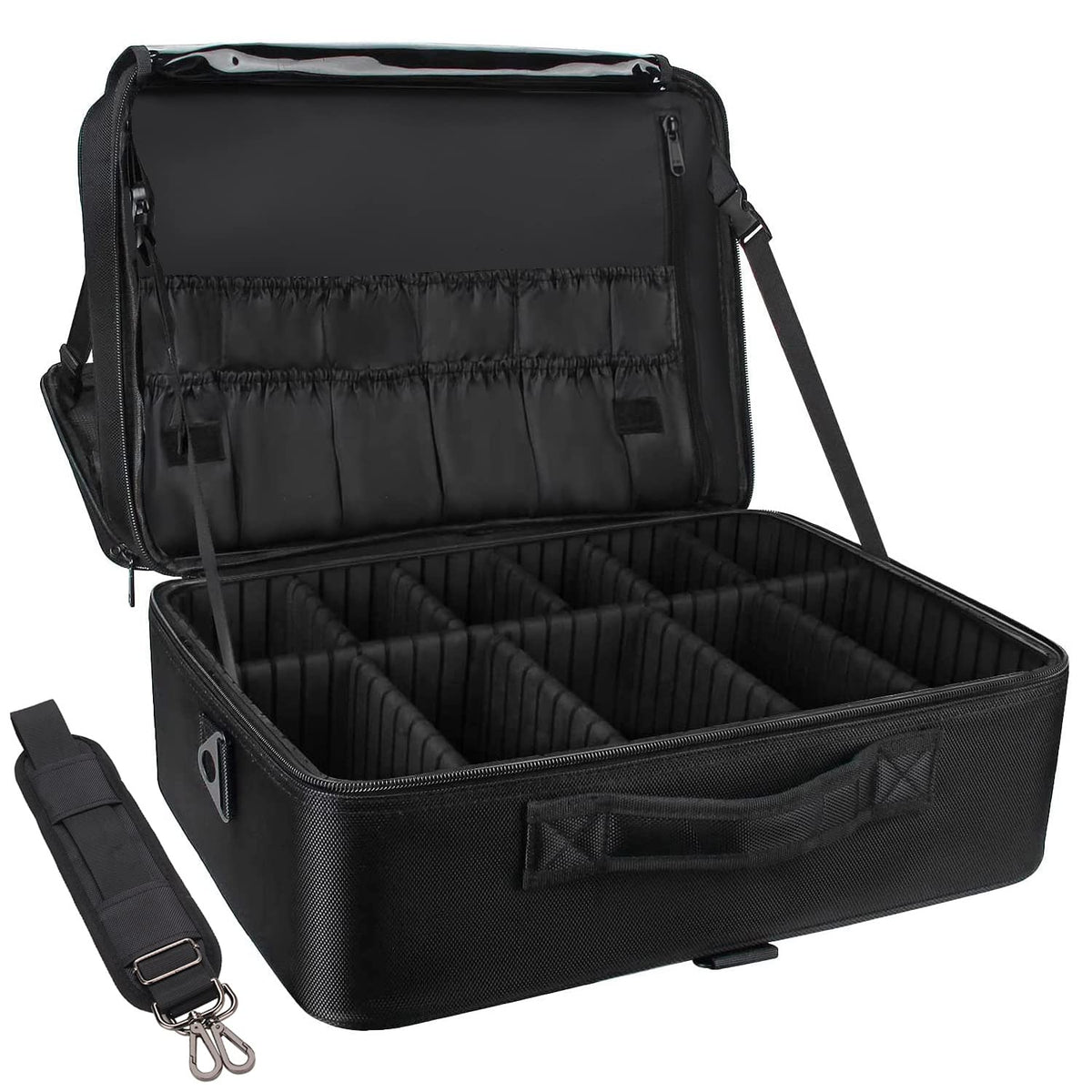 Relavel extra large makeup case open view with organized tool compartments.