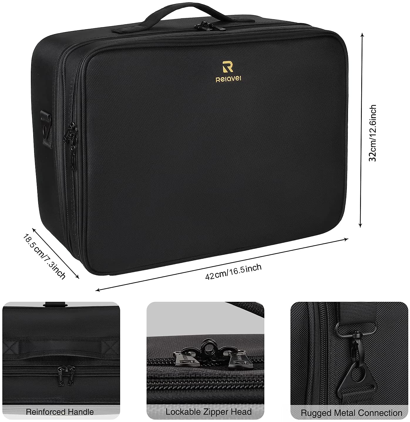 Relavel extra large makeup case detachable shoulder strap for hands-free use.