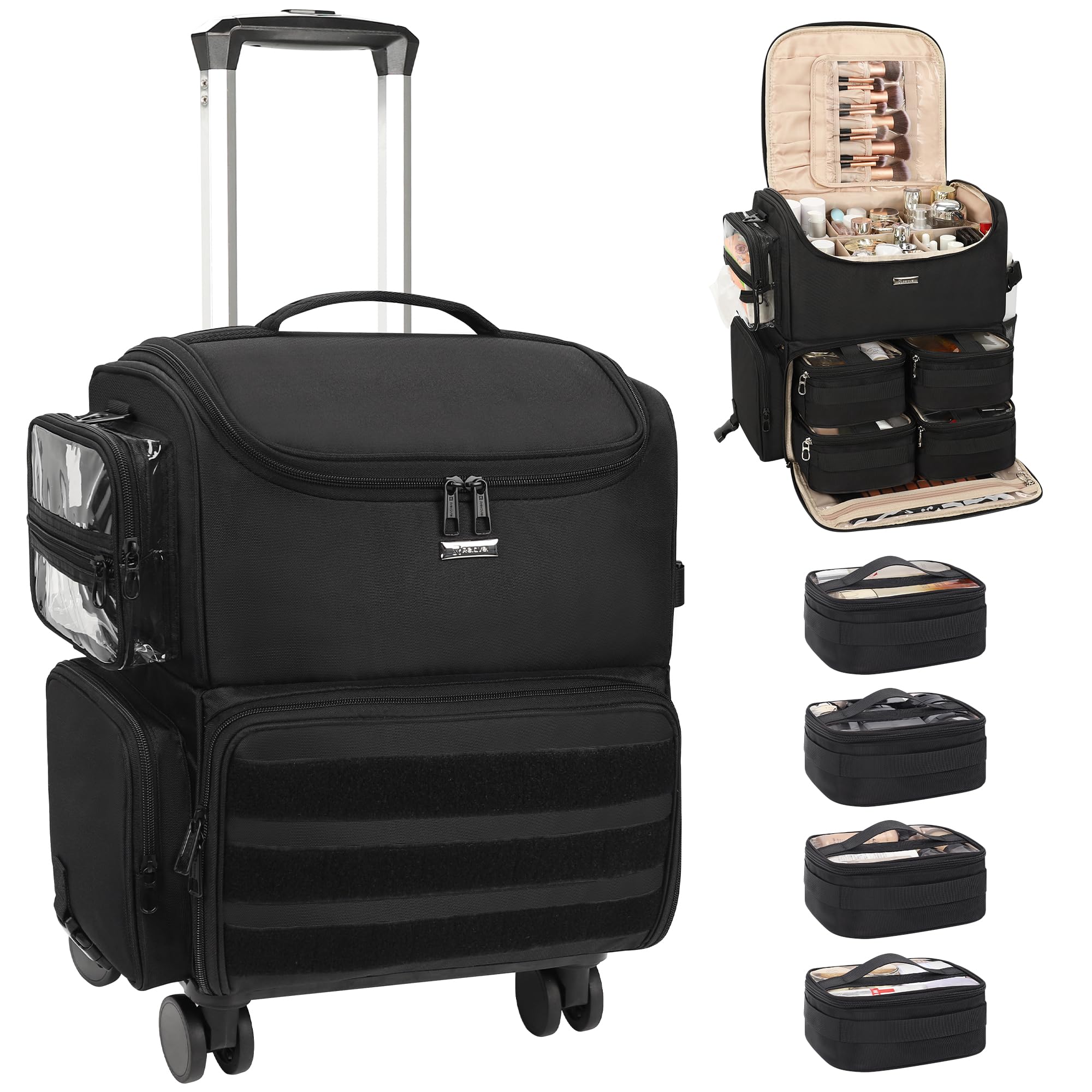 Relavel rolling makeup train case on wheels for mobile styling between locations