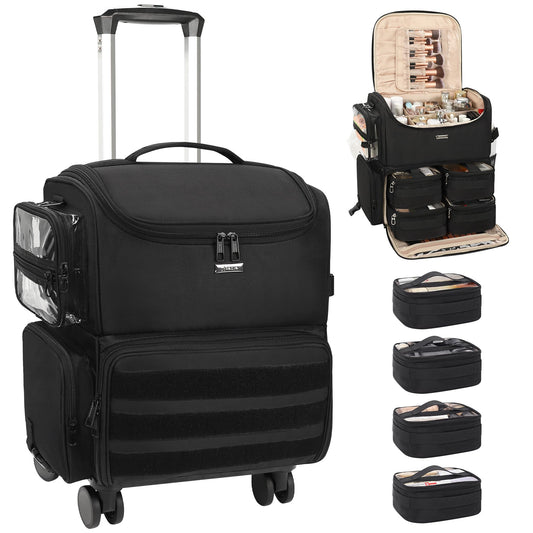 Relavel rolling makeup train case on wheels for mobile styling between locations