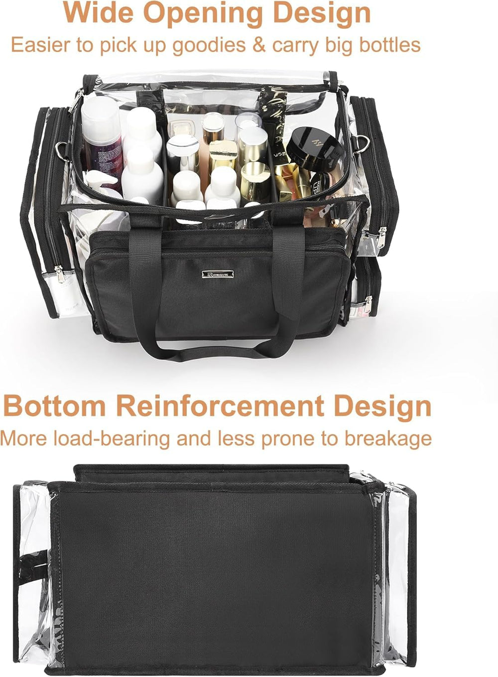 Relavel transparent cosmetic bag in PVC material for durability and easy cleaning.