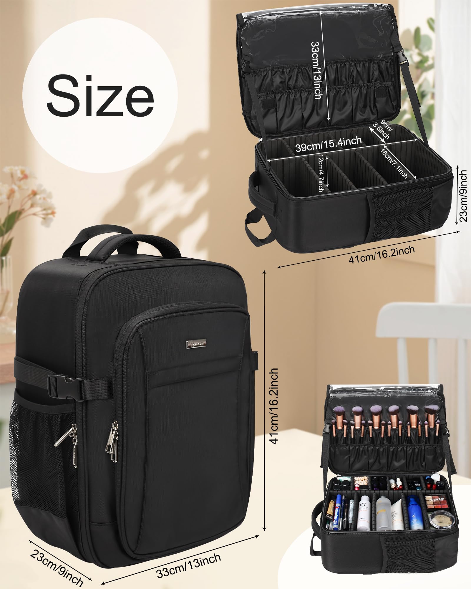Relavel upper mesh pockets separate cosmetics for fast access.