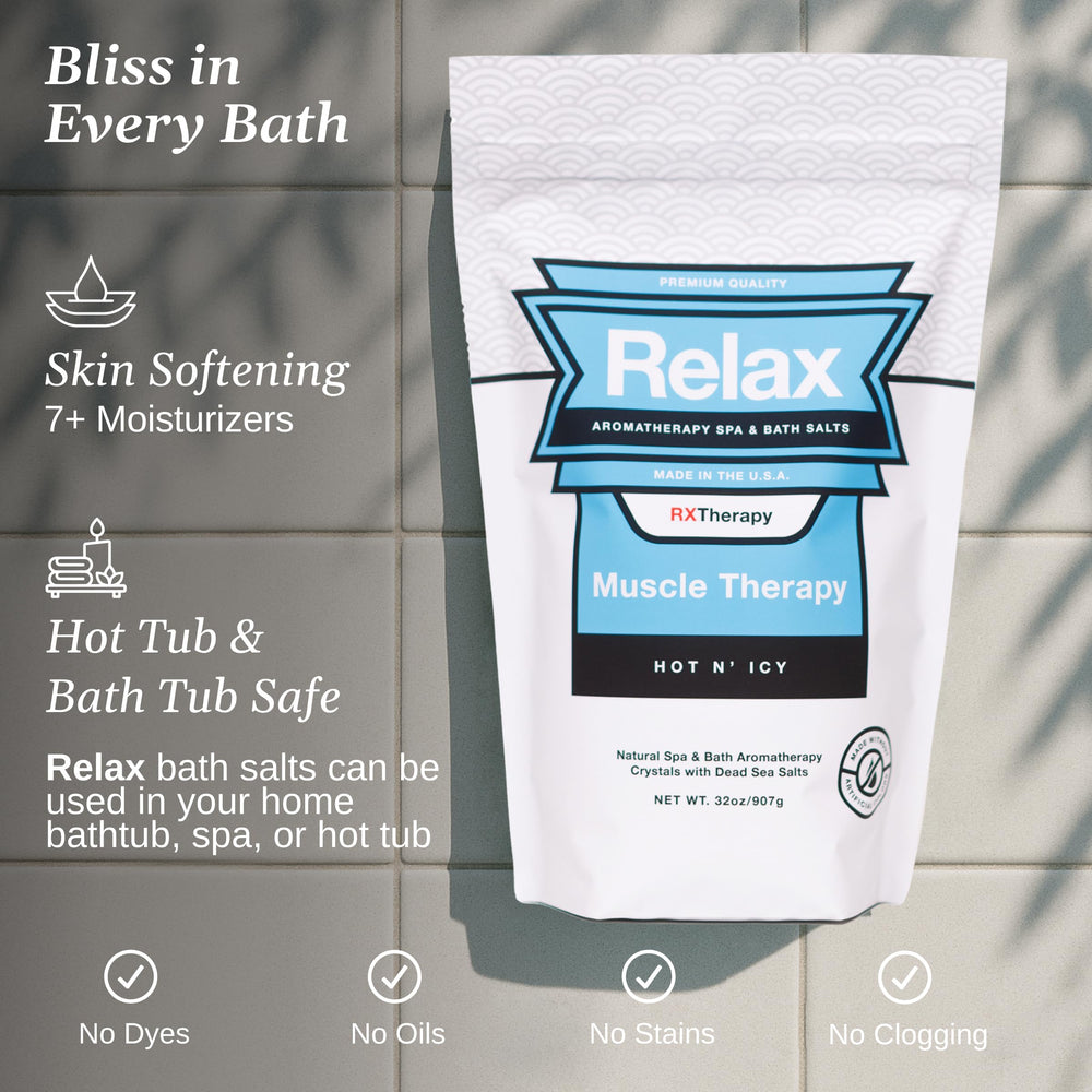 Relax Spa & Bath salts dissolving in water suggests a spa-like experience.