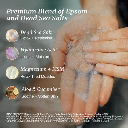 Relax Spa & Bath salts jar close-up highlights the blend for soaking sessions.