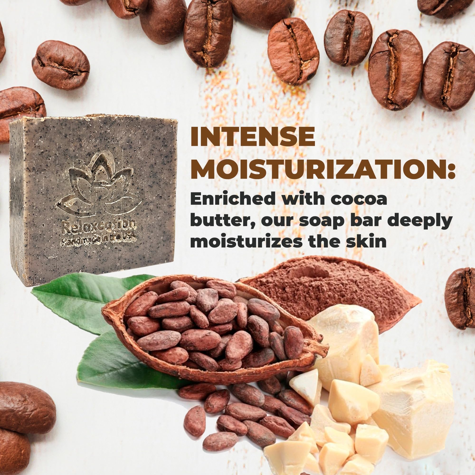 Relaxcation Coffee Scrub Soap Bar cocoa butter close-up; deep moisturization for softness.
