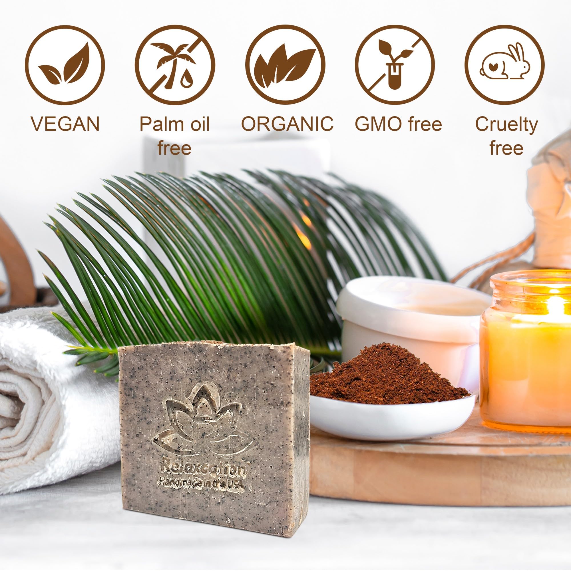 Relaxcation Coffee Scrub Soap Bar exfoliation action; natural coffee exfoliant boosts texture.