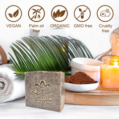 Relaxcation Coffee Scrub Soap Bar exfoliation action; natural coffee exfoliant boosts texture.