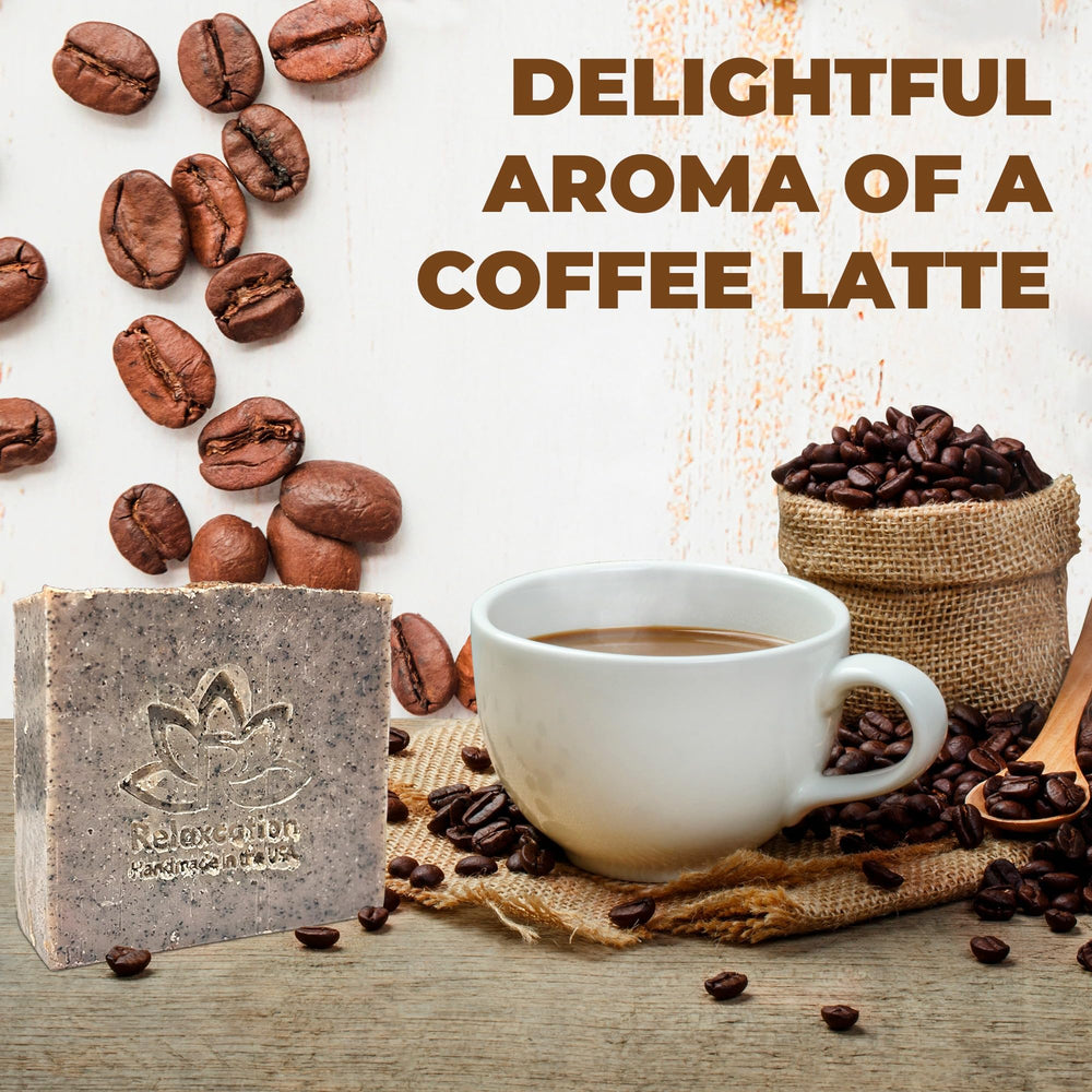 Relaxcation coffee scrub soap bar provides gentle exfoliation for smoother skin.