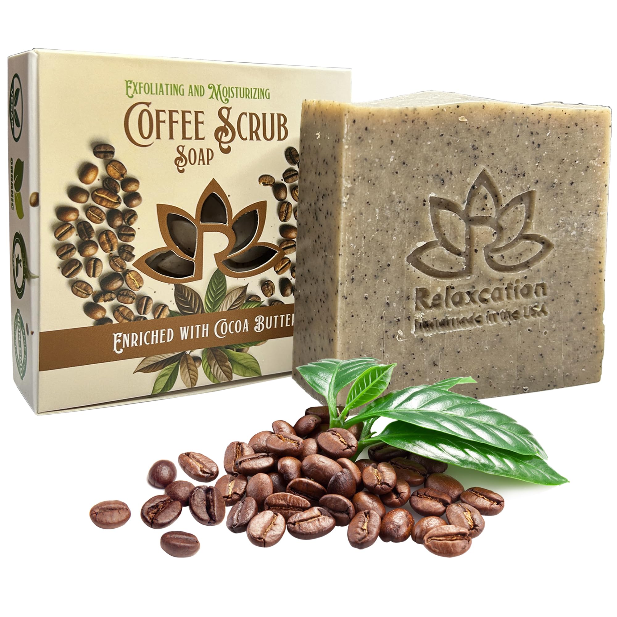 Relaxcation coffee scrub soap bar with ground coffee exfoliates and refreshes skin.