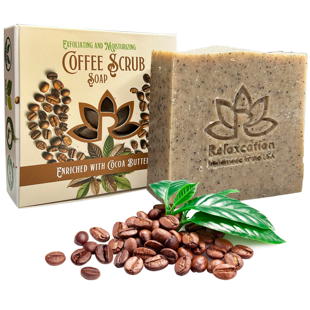 Relaxcation coffee scrub soap bar with ground coffee exfoliates and refreshes skin.