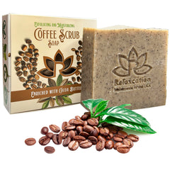 Relaxcation coffee scrub soap bar with ground coffee exfoliates and refreshes skin.