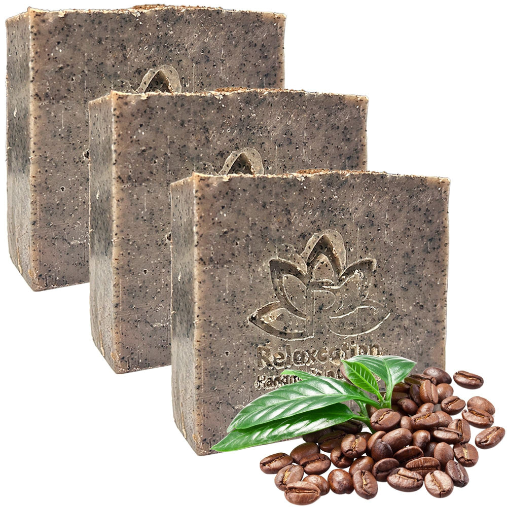 Relaxcation Coffee Scrub Soap Bar ingredients close-up; natural coffee exfoliant and cocoa butter.