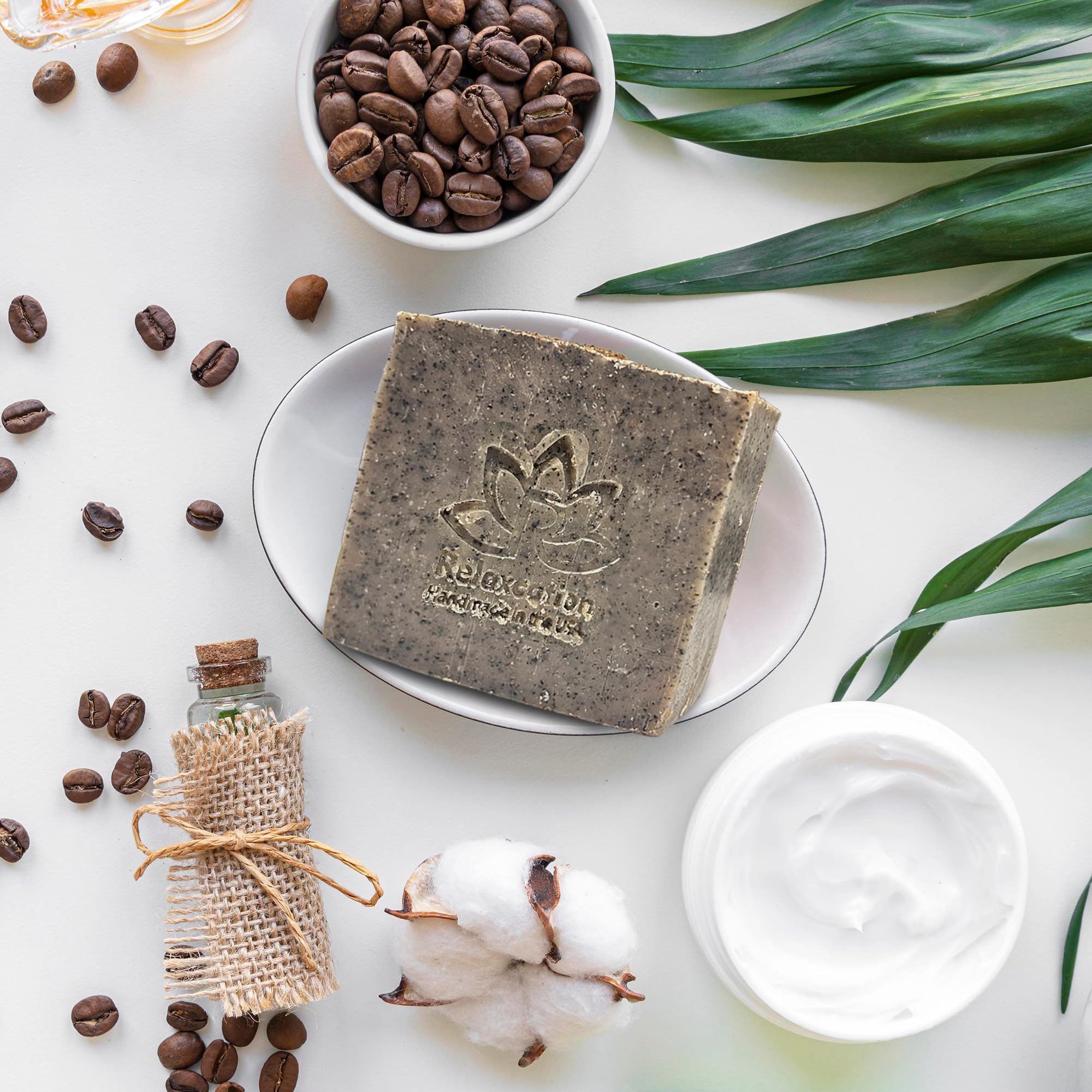 Relaxcation Coffee Scrub Soap Bar moisturized skin finish; leaves soft, hydrated skin.