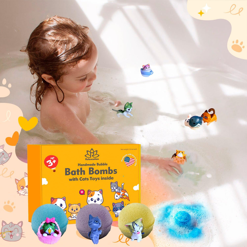 Relaxcation packaging display for cat-themed bath bombs set