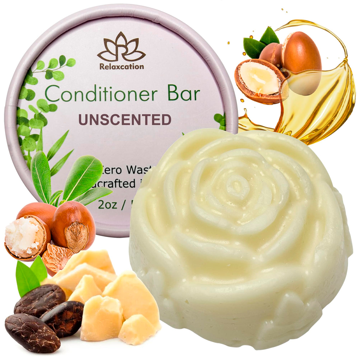 Relaxcation conditioner bar damaged hair unboxed, eco-friendly packaging