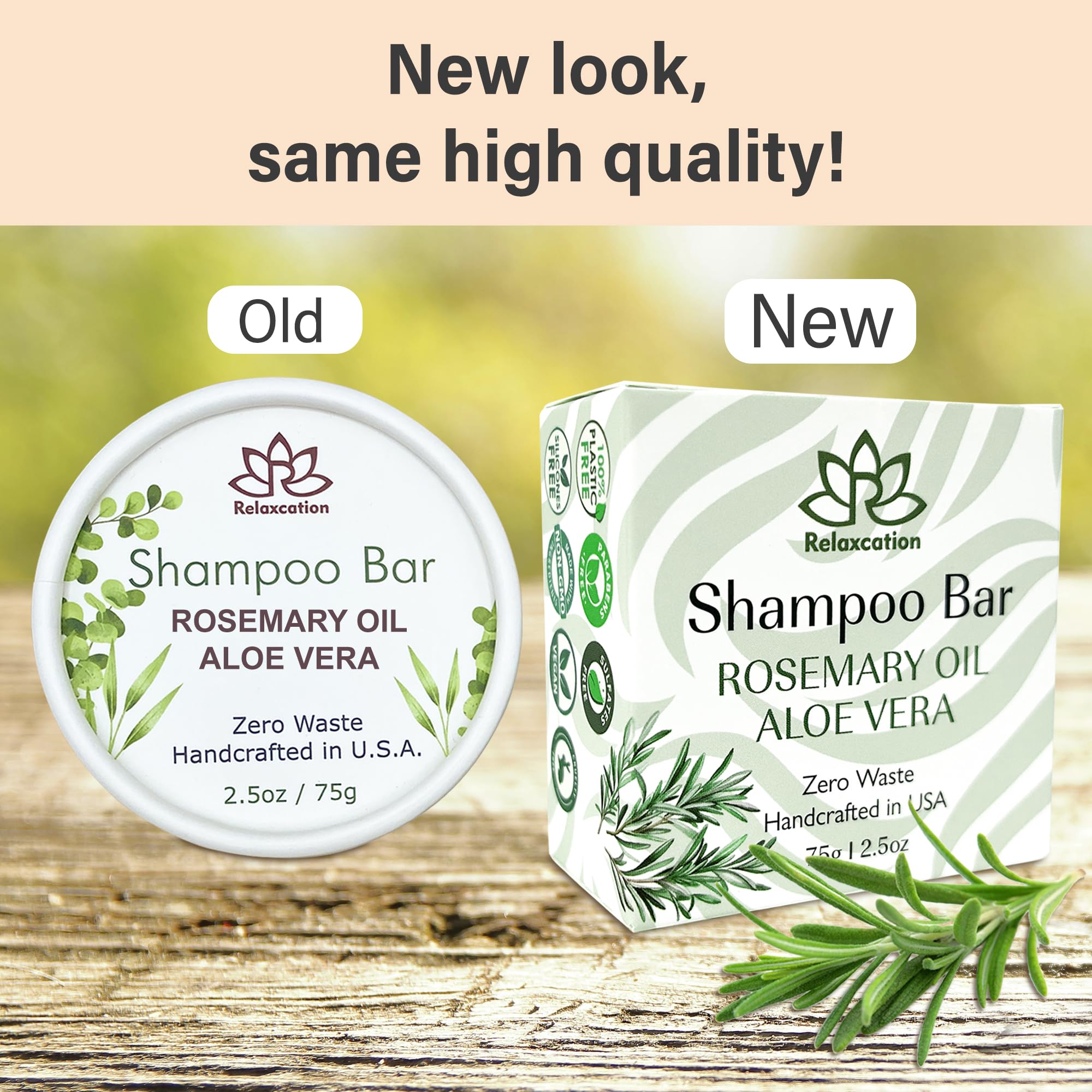 Relaxcation rosemary aloe shampoo bar closeup label shows natural ingredients and USA quality
