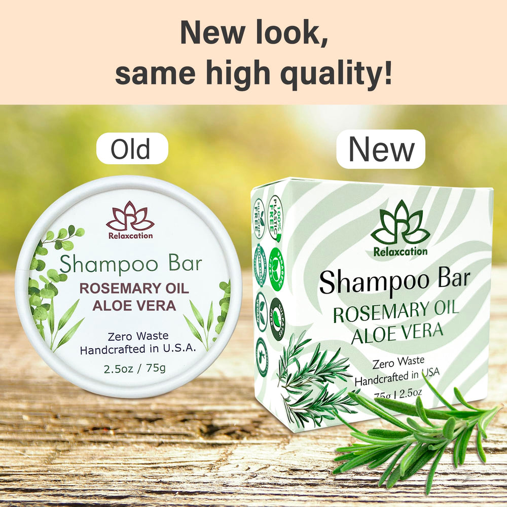 Relaxcation rosemary aloe shampoo bar closeup label shows natural ingredients and USA quality