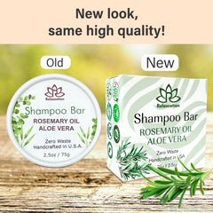 Relaxcation rosemary aloe shampoo bar closeup label shows natural ingredients and USA quality