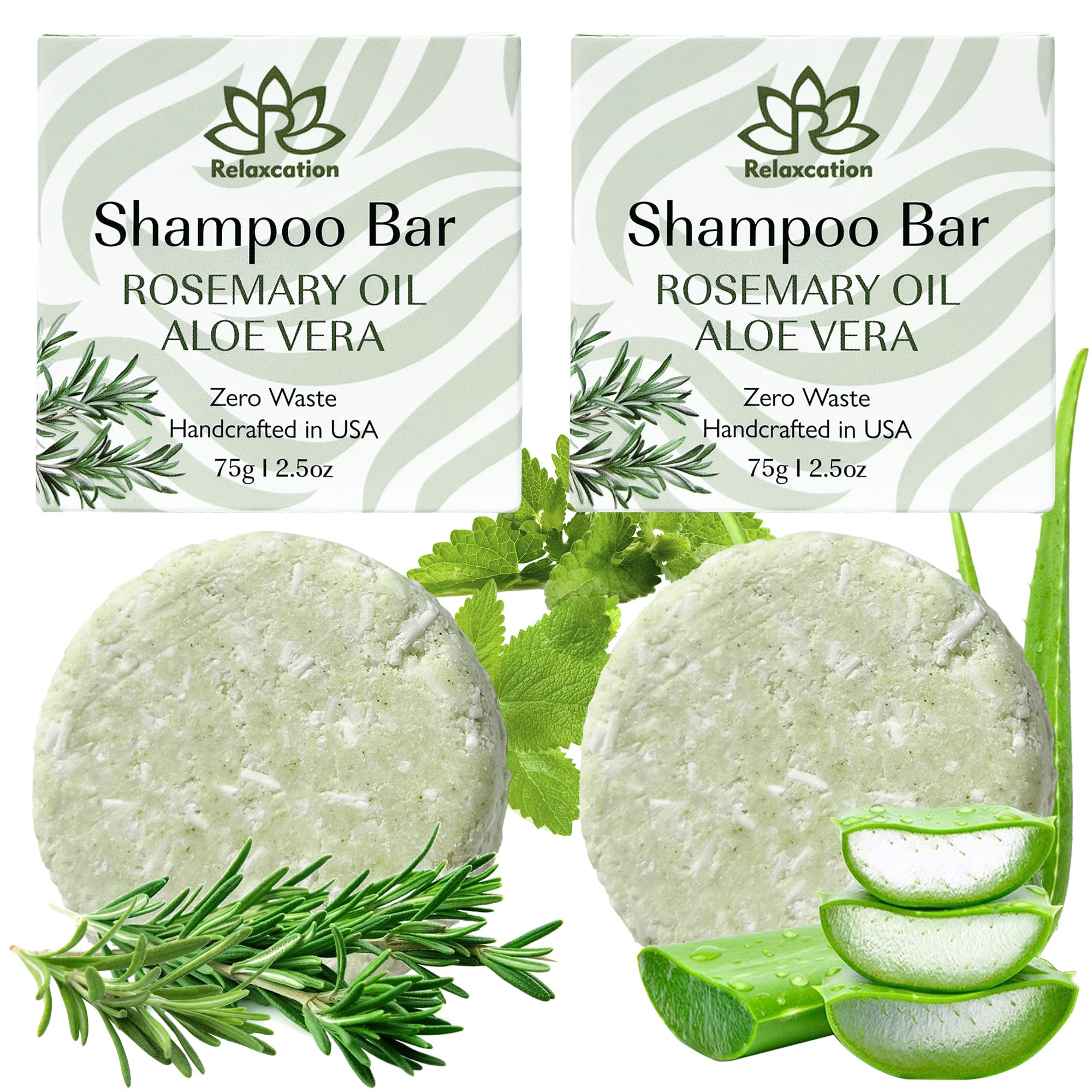Relaxcation rosemary aloe shampoo bar two-pack packaging highlights eco friendly design