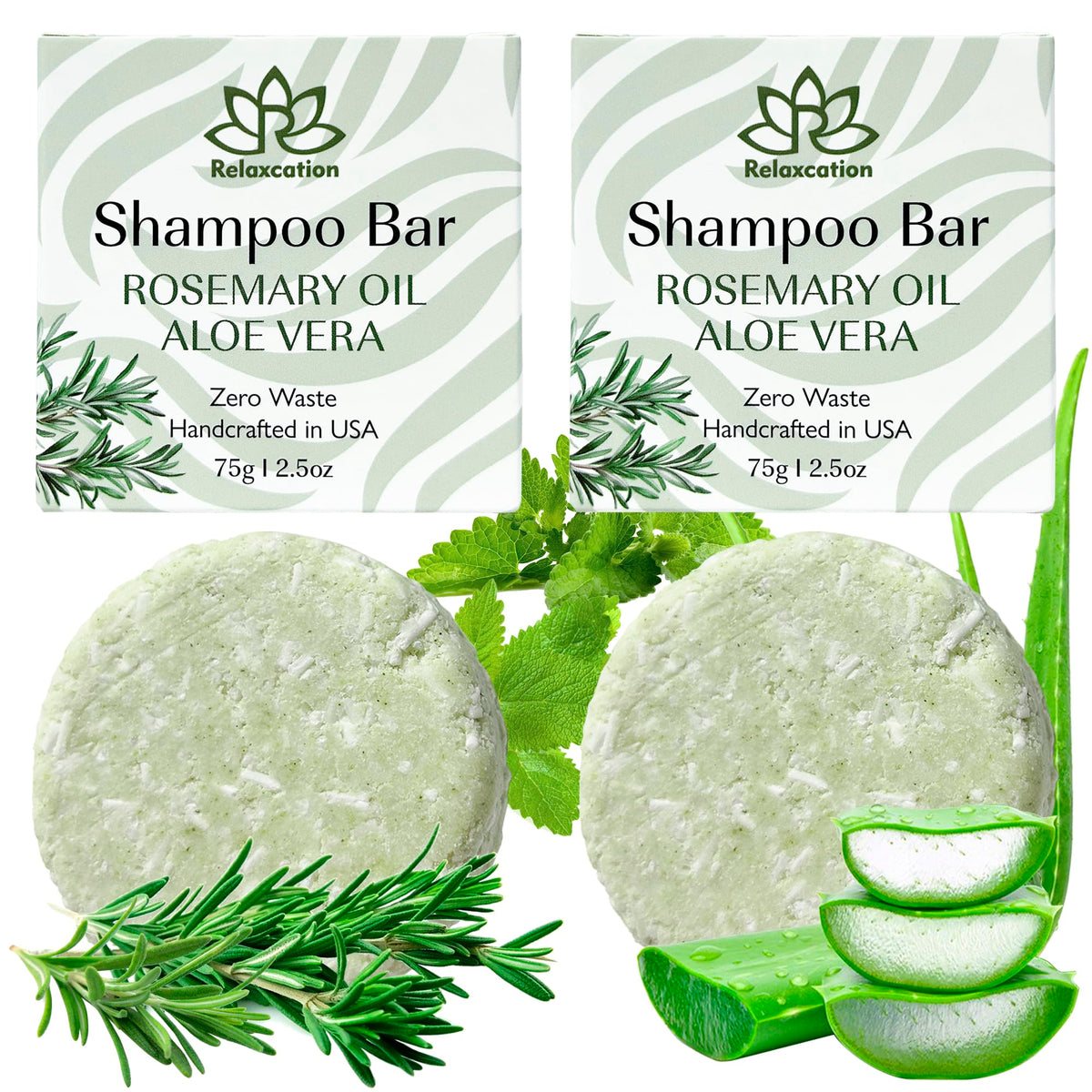 Relaxcation rosemary aloe shampoo bar two-pack packaging highlights eco friendly design