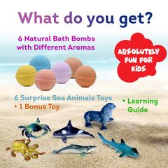 Relaxcation six bath bombs with sea animal toys inside, gentle for sensitive skin.