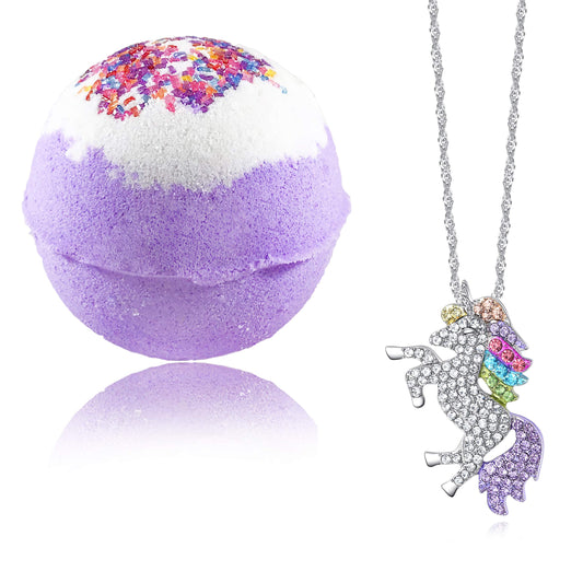 Relaxcation unicorn bath bomb fizz reveals a necklace for a spa-like bath time.