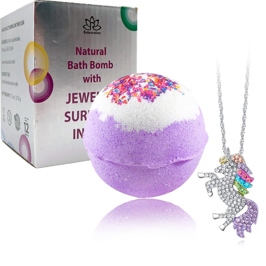 Relaxcation unicorn bubble bath bomb with necklace inside for a playful bath surprise.