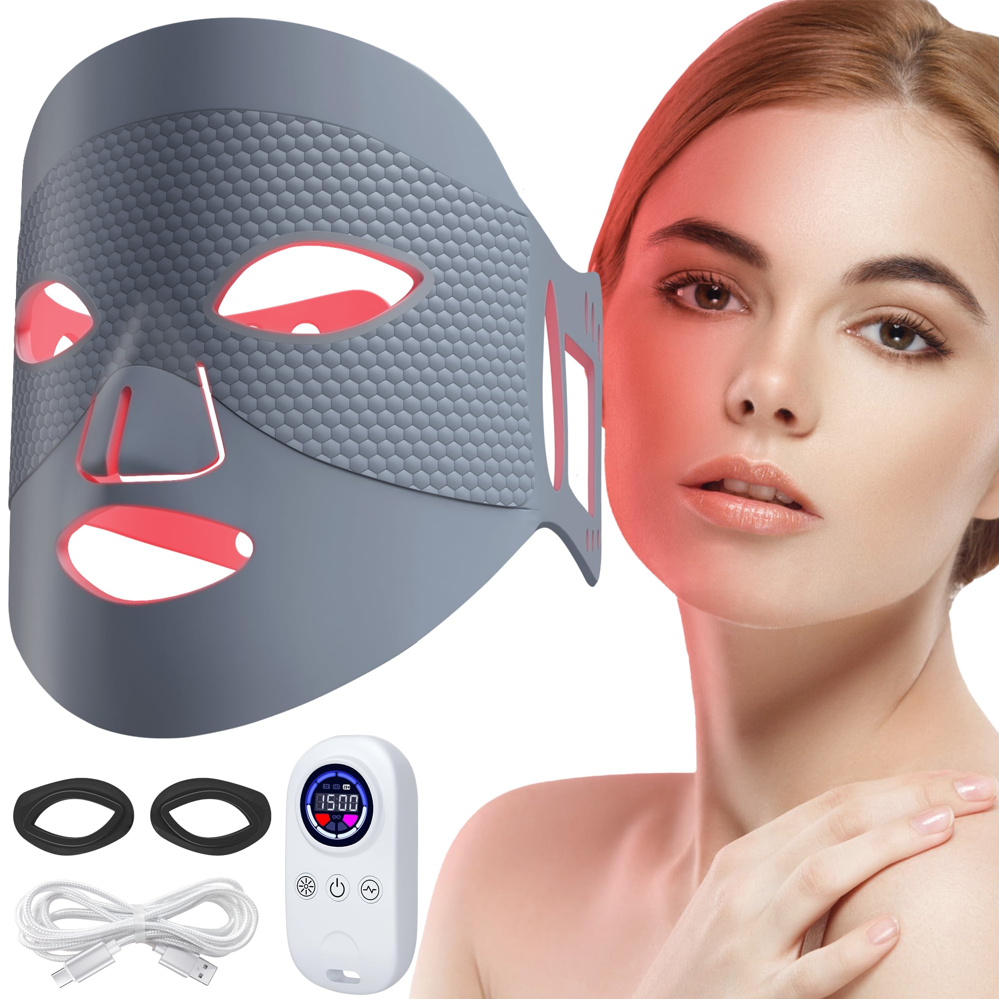 ReLuien red light mask on the face for smoother skin and radiant tone.