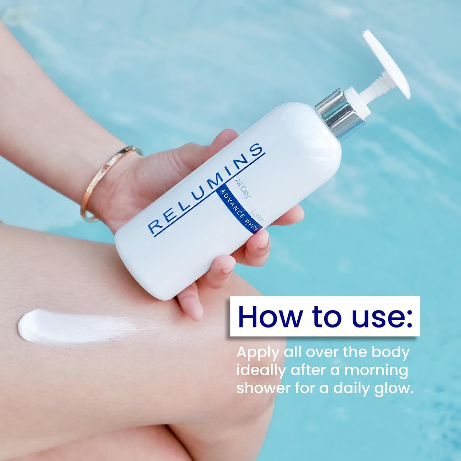 Relumins Advance Day Lotion on skin showing subtle glow