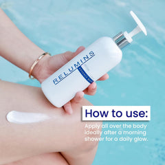 Relumins Advance Day Lotion on skin showing subtle glow