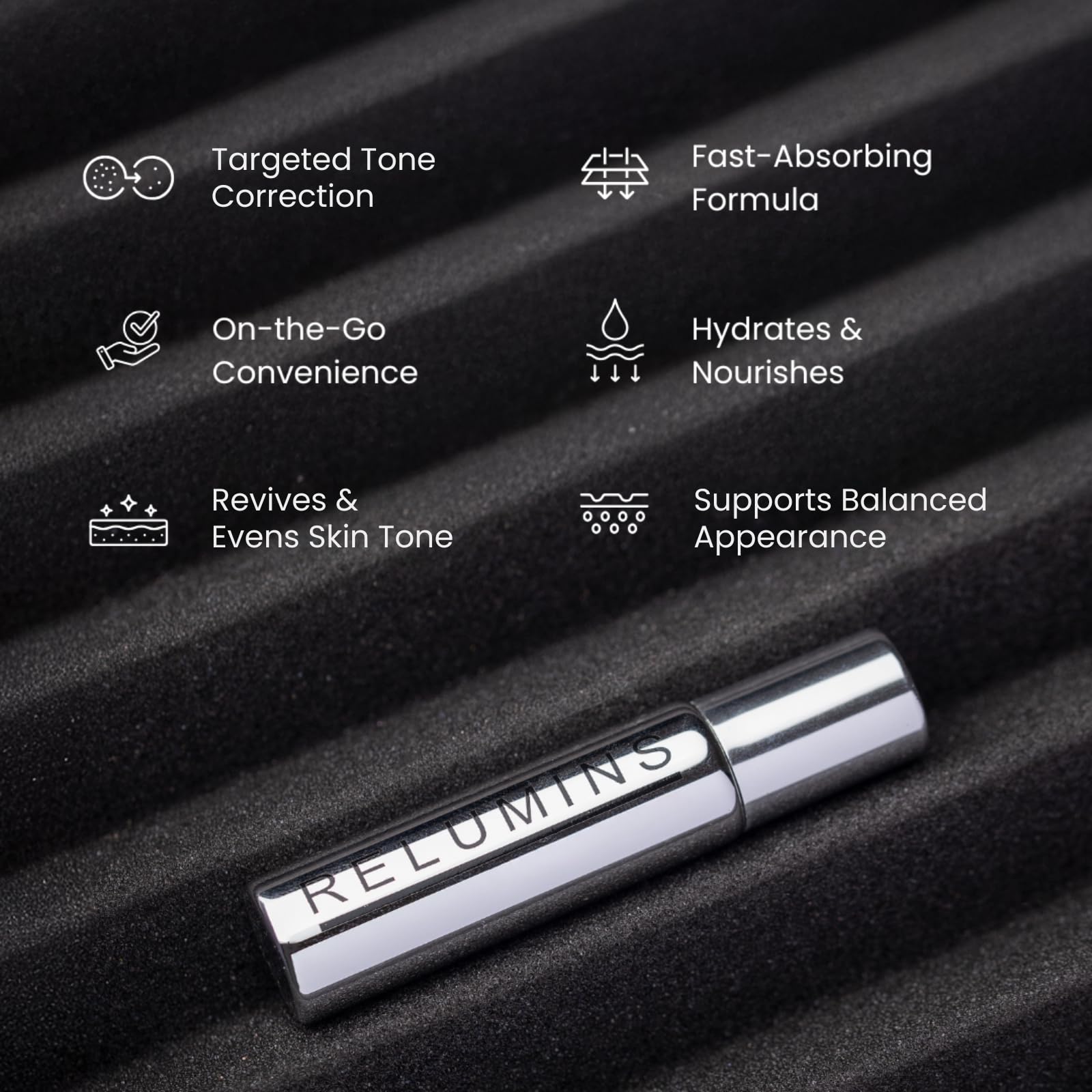 Relumins Advance White On-the-Go Serum 30ml bottle resting in a travel pouch.