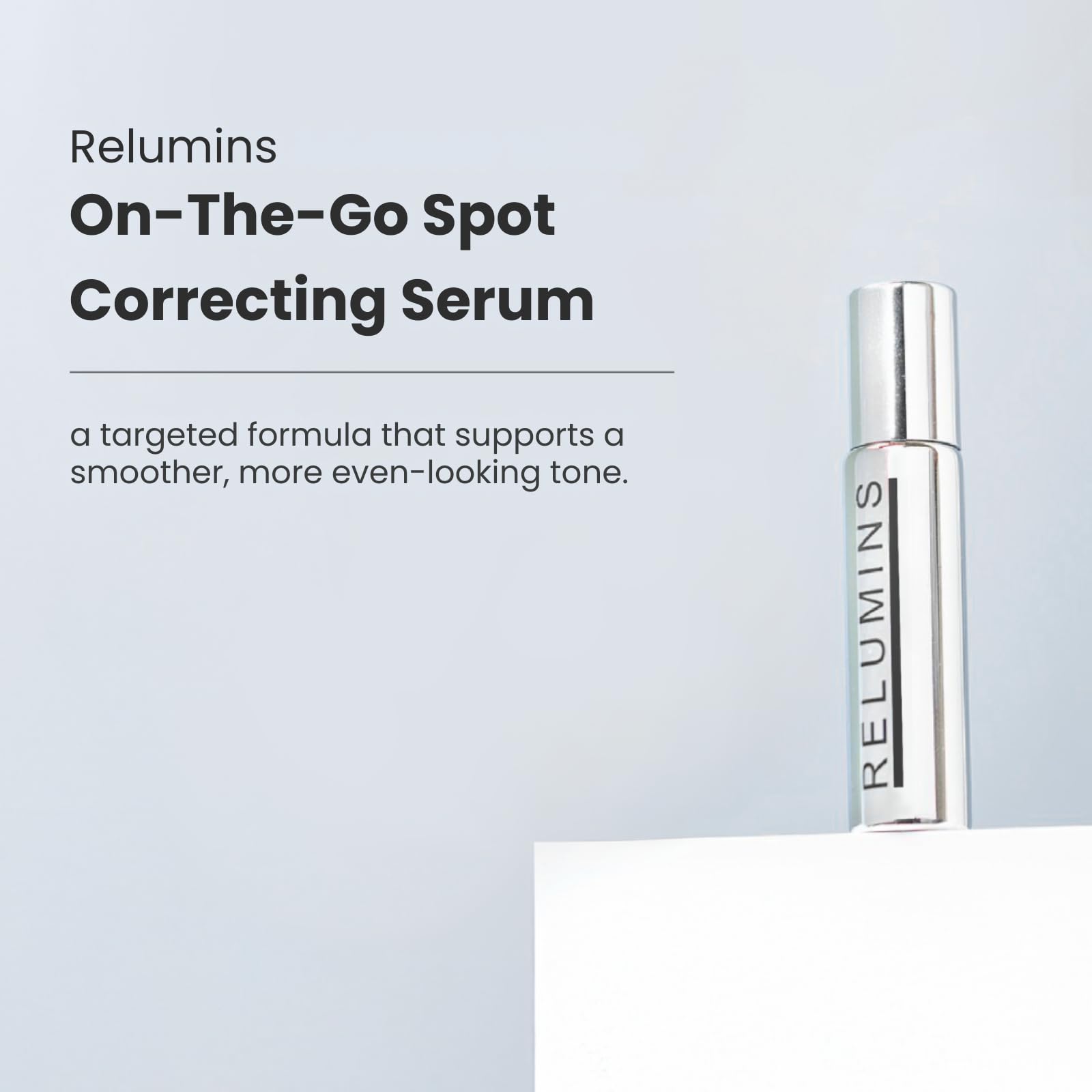 Relumins Advance White On-the-Go Serum bottle next to other skincare products on shelf.