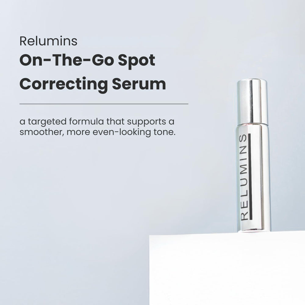 Relumins Advance White On-the-Go Serum bottle next to other skincare products on shelf.