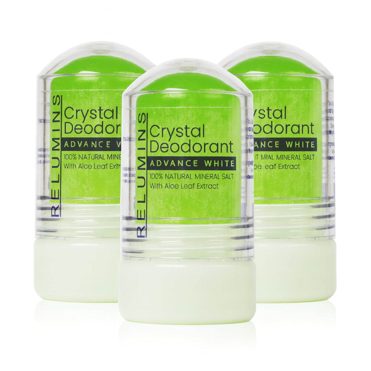 Relumins Aloe Vera Crystal Deodorant bottle showing clear, daily freshness and aluminum-free formula
