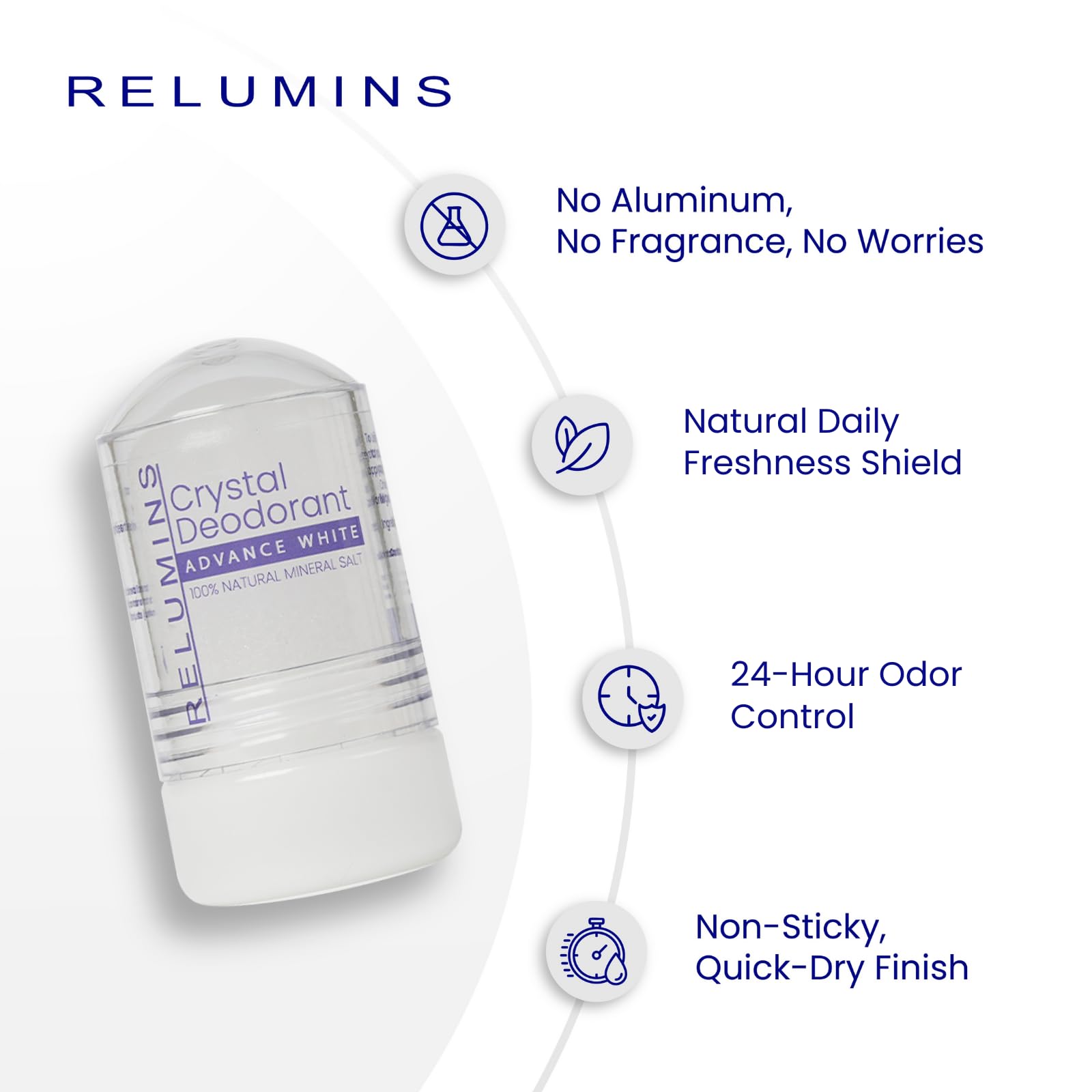 Relumins Crystal Deodorant provides 24-hour odor protection for any daily routine.