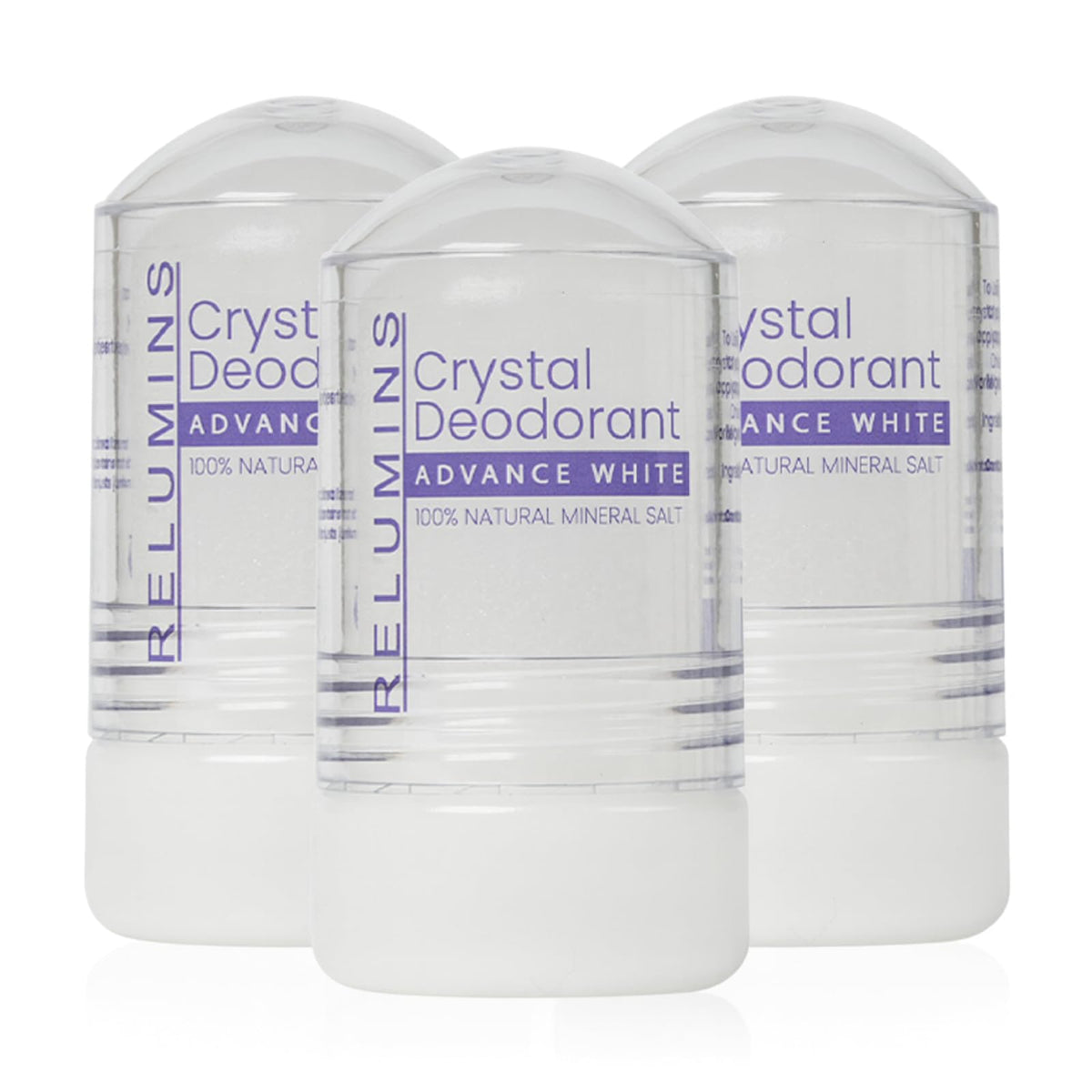 Relumins Crystal Deodorant packaging shows a fragrance-free mineral salt option for daily freshness.